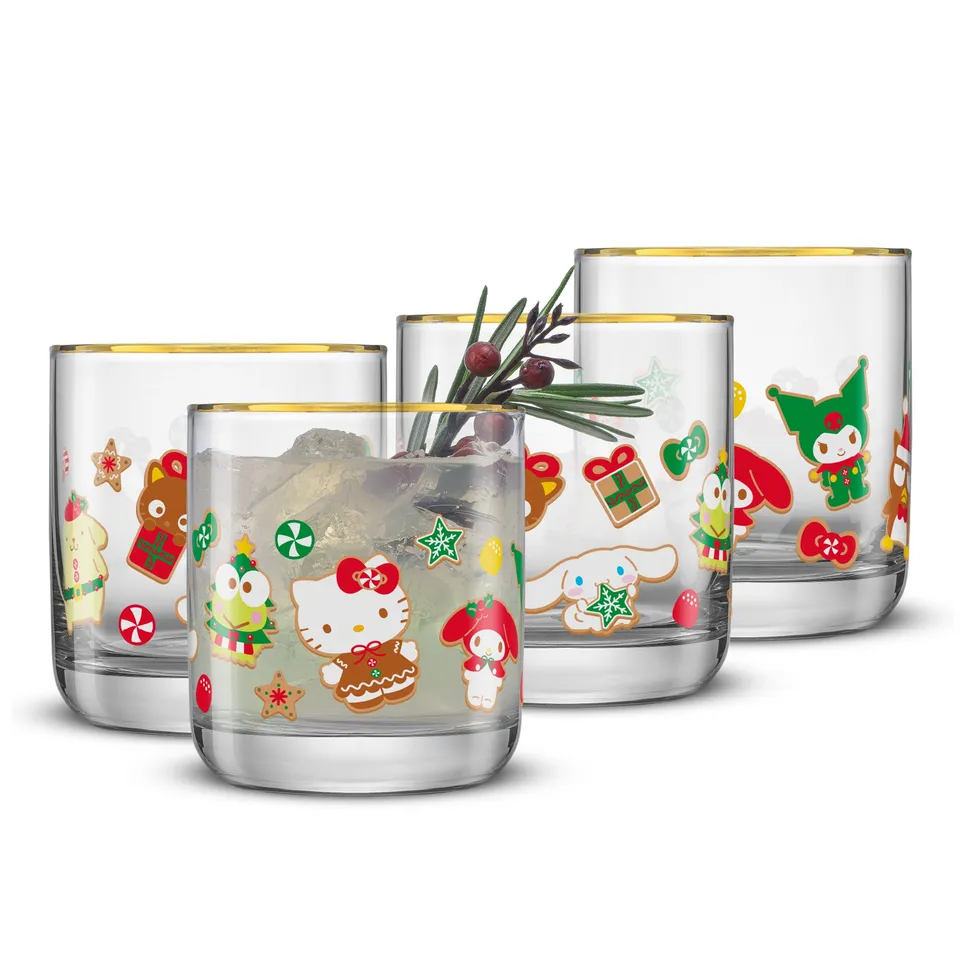 joyjolt-hello-kitty-and-friends-gingerbread-pals-short-glasses-set-of-4-10-oz image 1