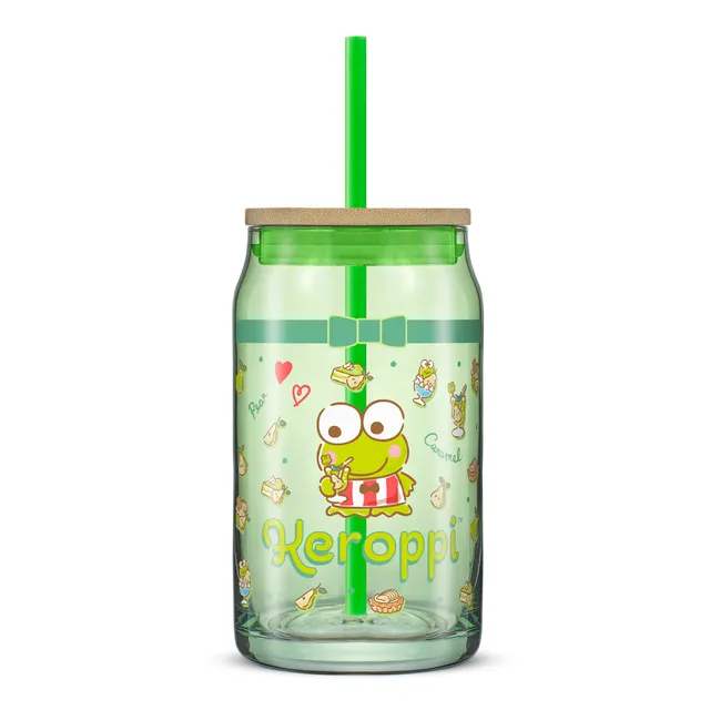 joyjolt-hello-kitty-and-friends-keroppi-glass-tumbler-with-bamboo-lid-and-straw- image 1