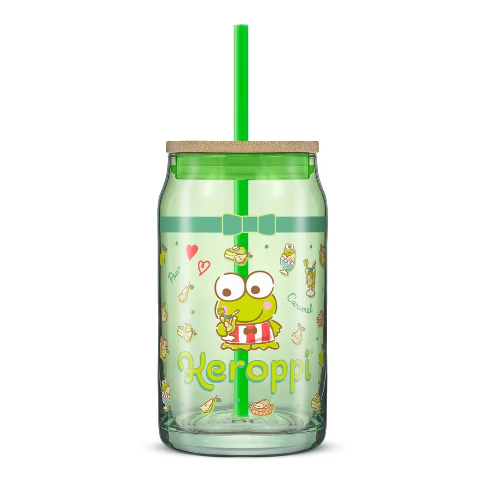 joyjolt-hello-kitty-and-friends-keroppi-glass-tumbler-with-bamboo-lid-and-straw- image 1