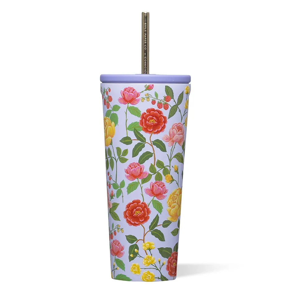 corkcicle-x-rifle-paper-co-cold-cup-24-oz-roses-purple-insulated-tumbler-with-li image 1