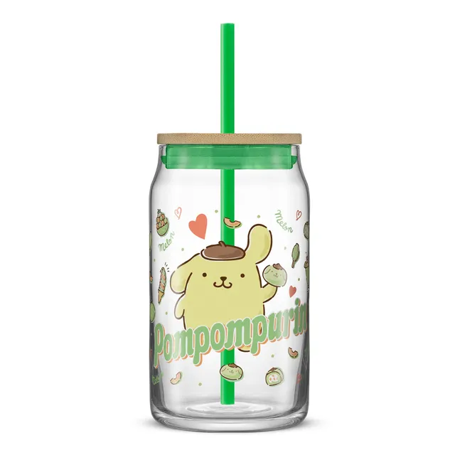 joyjolt-sanrio-pompompurin-glass-tumbler-with-bamboo-lid-and-straw-16-oz image 1
