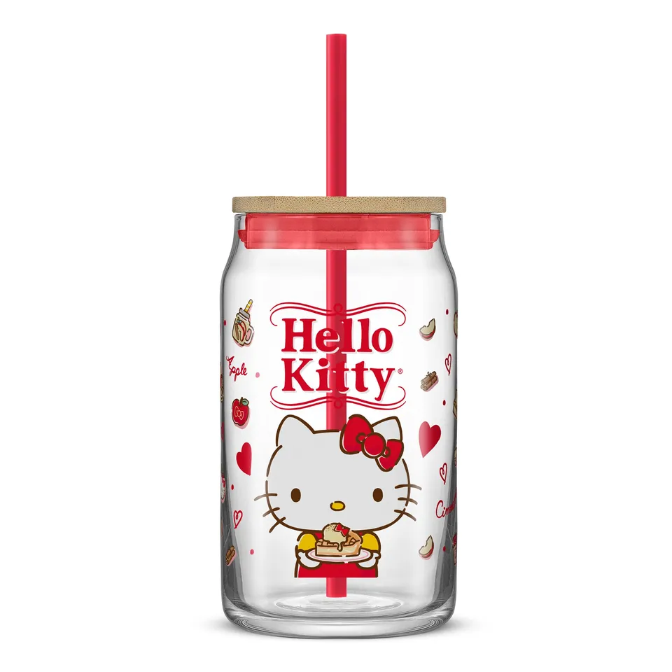 hello-kitty-and-friends-favorite-flavor-glass-tumbler-with-bamboo-lid-and-straw- image 1