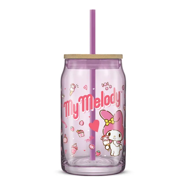 joyjolt-hello-kitty-my-melody-glass-tumbler-with-bamboo-lid-and-straw-16-oz image 1