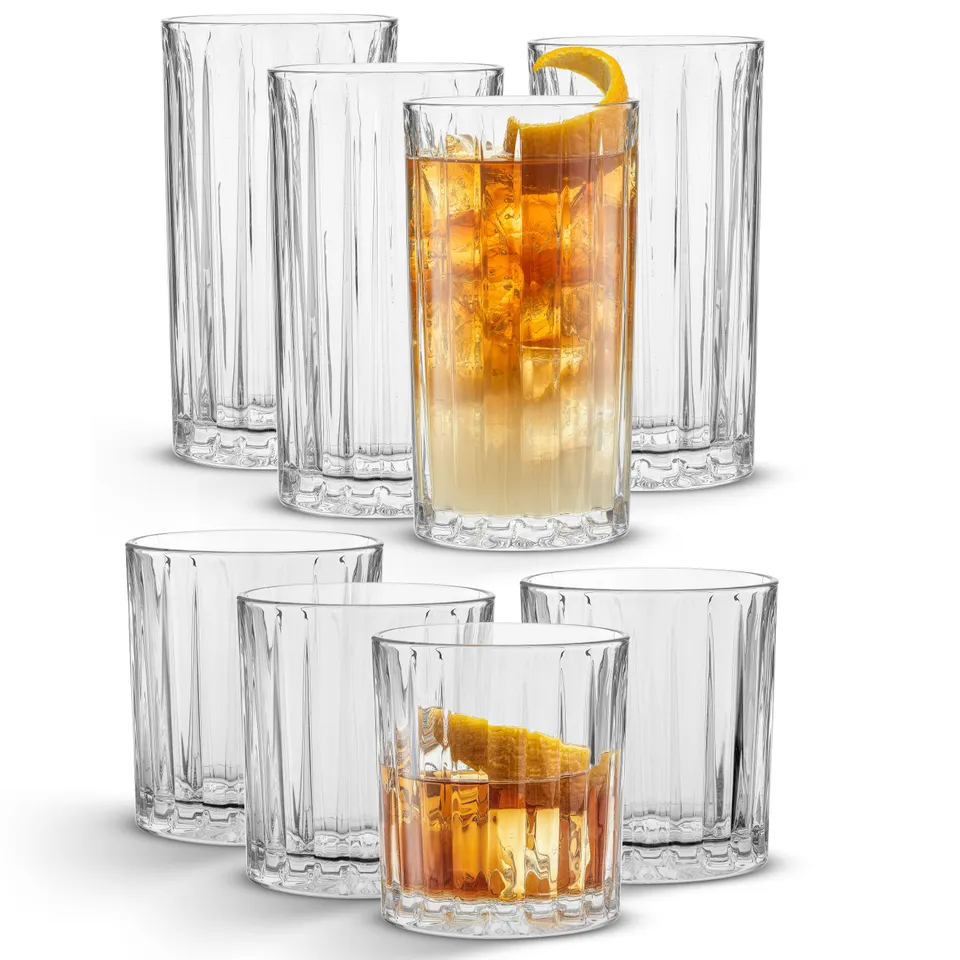 joyjolt-alina-ribbed-glass-drinkware-set-4-highball-glasses-4-double-old-fashion image 1