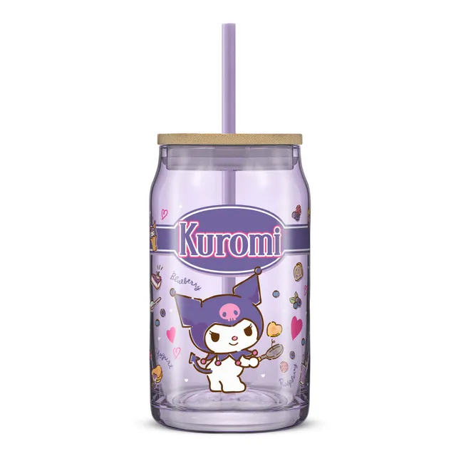 joyjolt-hello-kitty-and-friends-favorite-flavor-kuromi-glass-tumbler-with-bamboo image 1