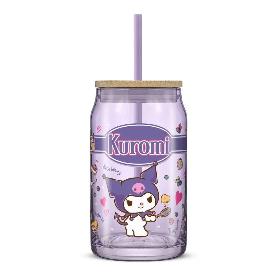 joyjolt-hello-kitty-and-friends-favorite-flavor-kuromi-glass-tumbler-with-bamboo image 1