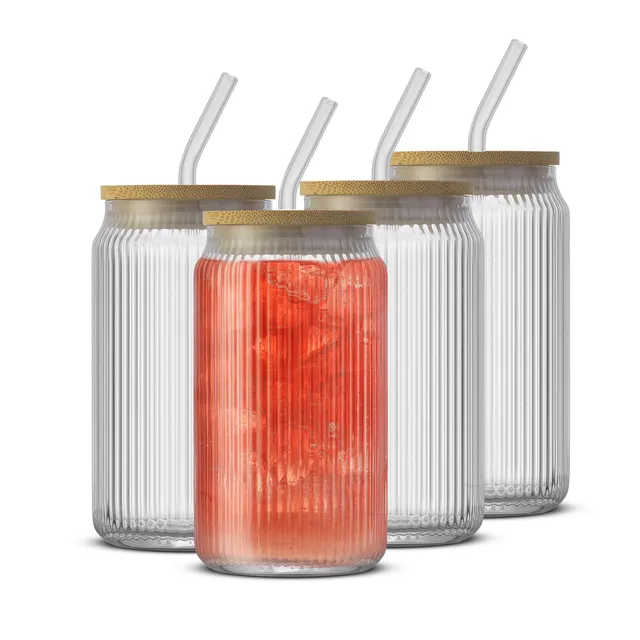 joyjolt-fluted-glass-tumblers-with-bamboo-lids-and-straws-set-of-4 image 1