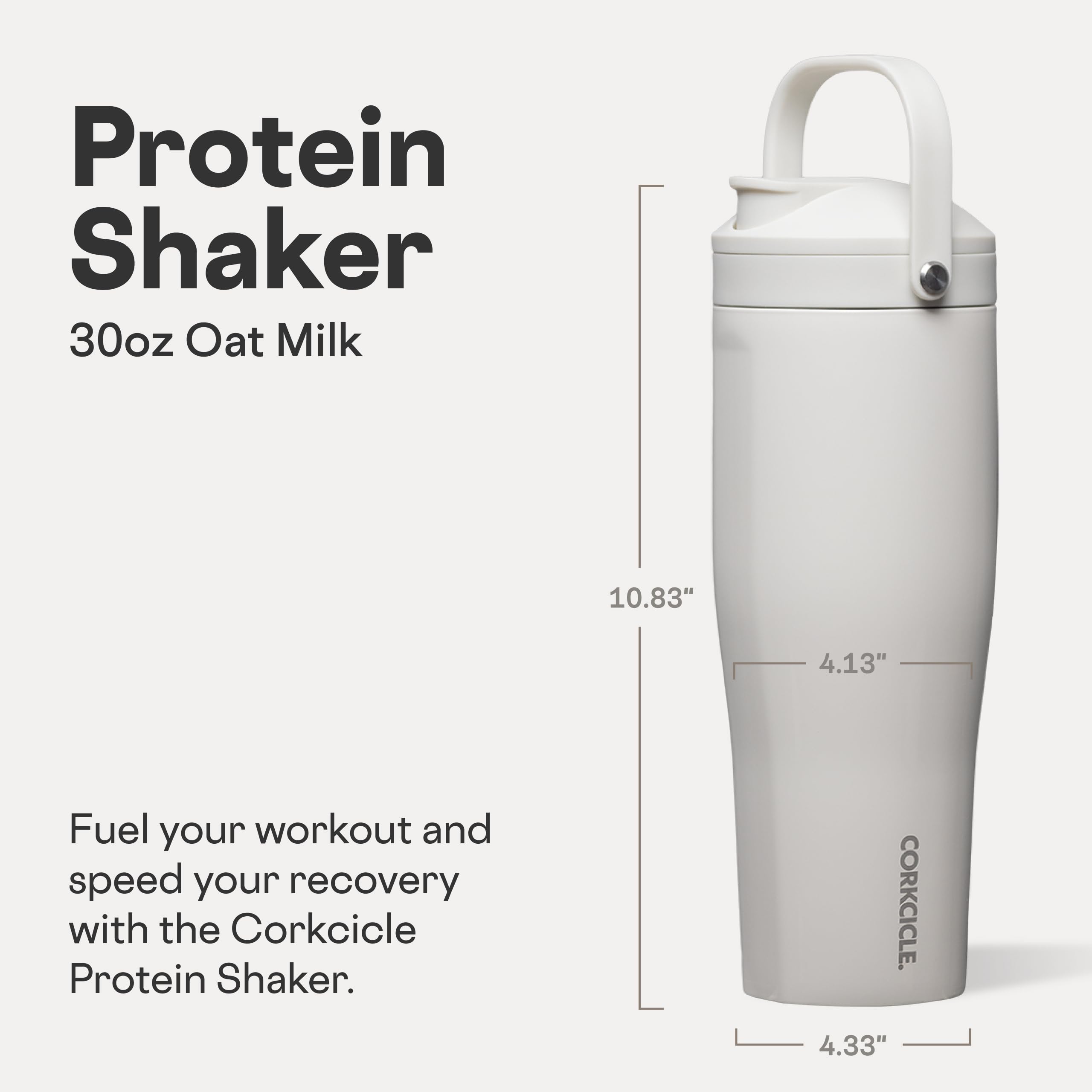 corkcicle-protein-shaker-30oz-built-in-agitator-fruit-strainer-lid-oat-milk image 2