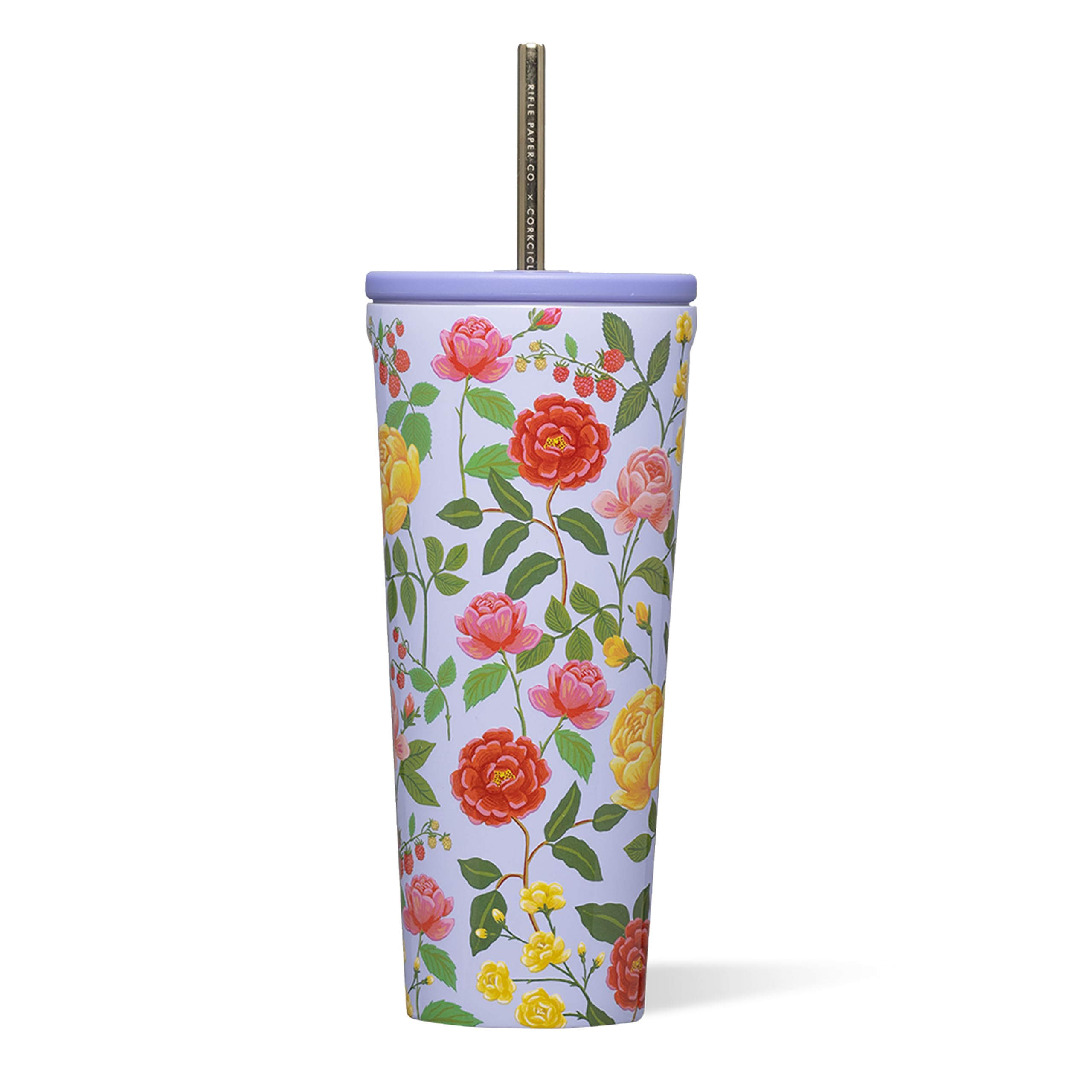 corkcicle-x-rifle-paper-co-cold-cup-24-oz-roses-purple-insulated-tumbler-with-li image 1