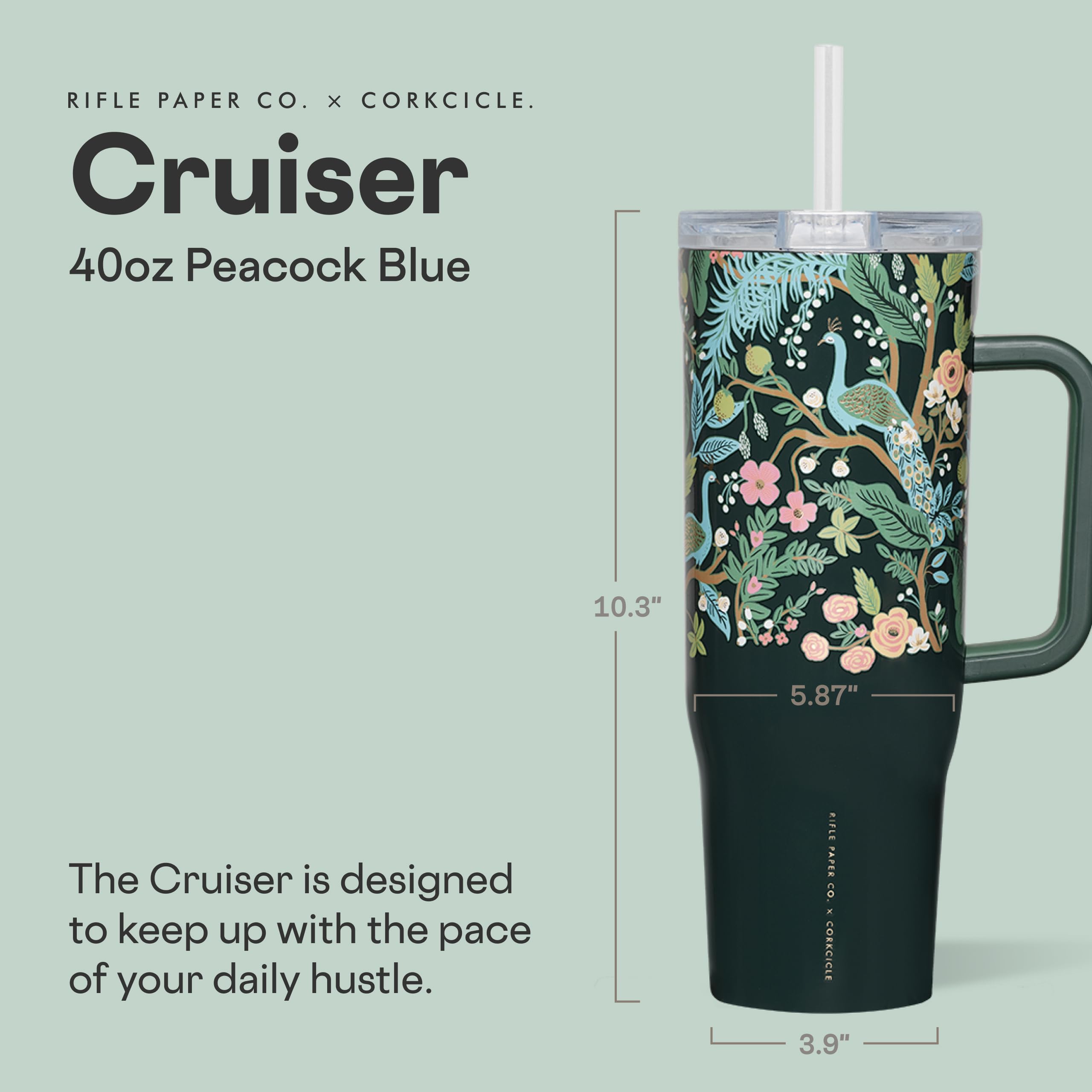 corkcicle-x-rifle-paper-co-cruiser-insulated-tumbler-with-handle-straw-40-oz-pea image 2