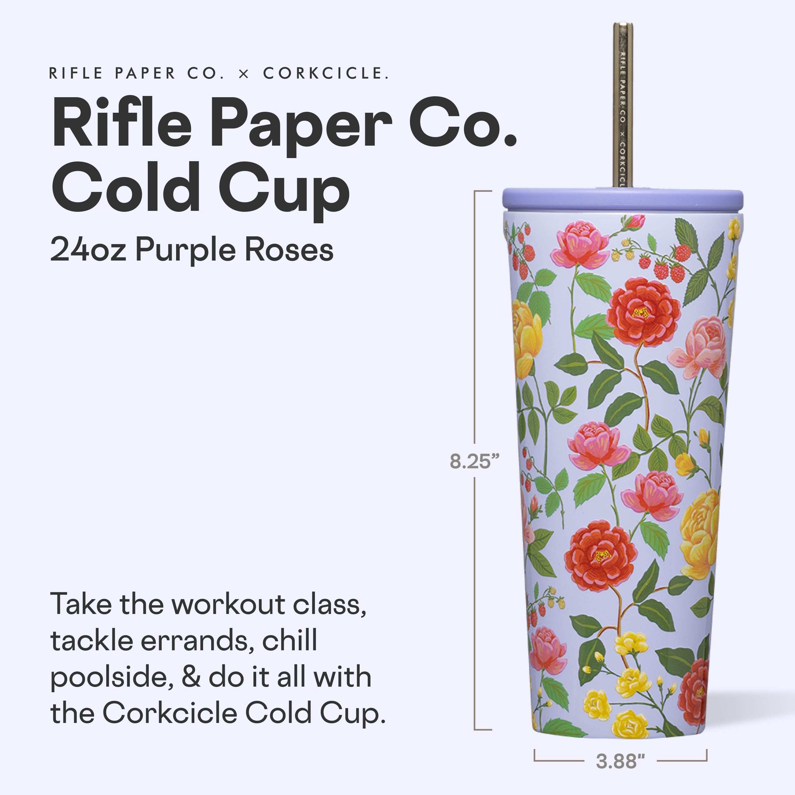 corkcicle-x-rifle-paper-co-cold-cup-24-oz-roses-purple-insulated-tumbler-with-li image 2