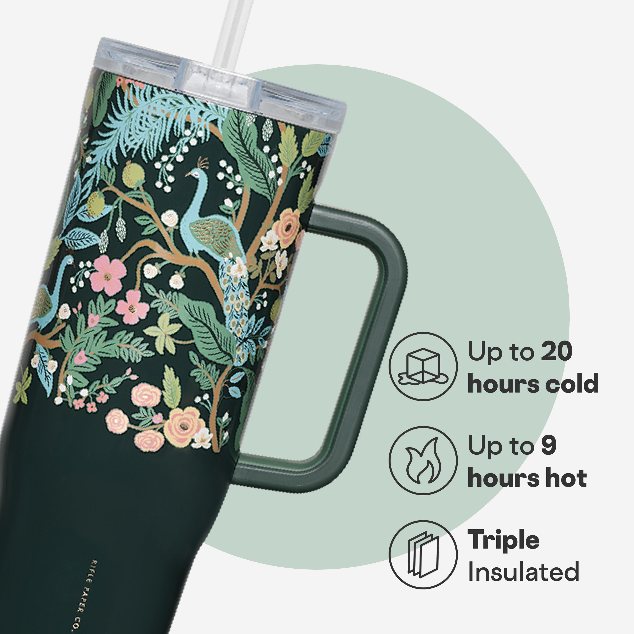corkcicle-x-rifle-paper-co-cruiser-insulated-tumbler-with-handle-straw-40-oz-pea image 3