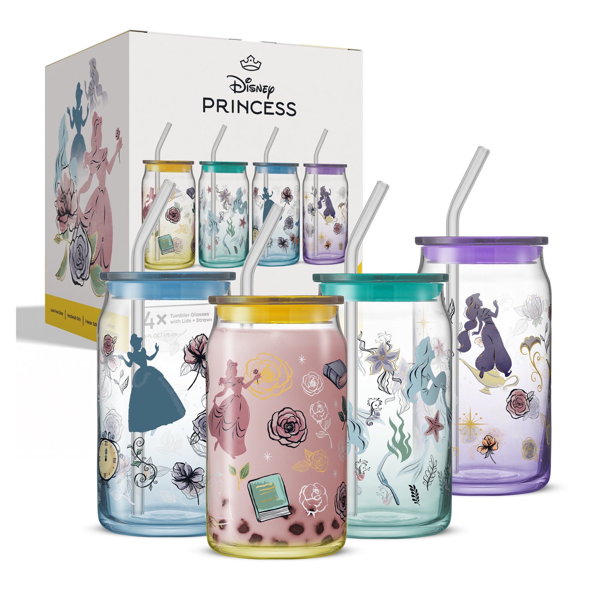 joyjolt-disney-princess-icon-tumbler-glasses-with-lids-set-of-4-16-oz image 8