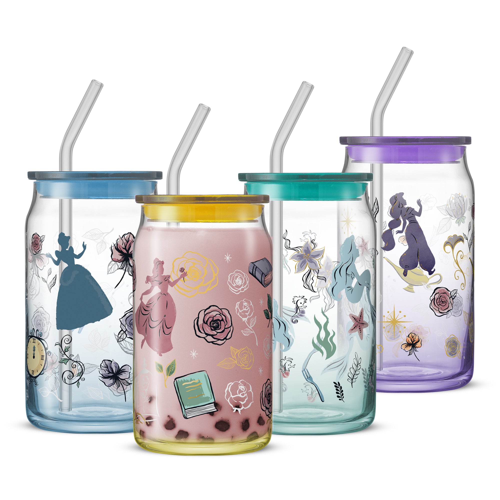 joyjolt-disney-princess-icon-tumbler-glasses-with-lids-set-of-4-16-oz image 1
