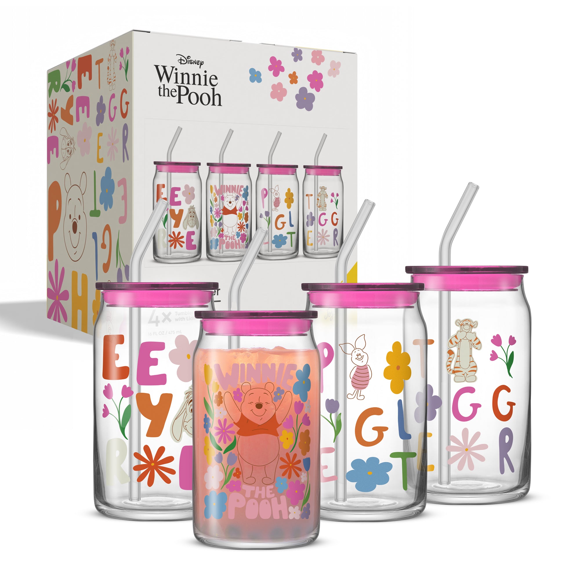 joyjolt-disney-winnie-the-pooh-friends-flower-power-tumbler-glasses-set-of-4-16- image 6