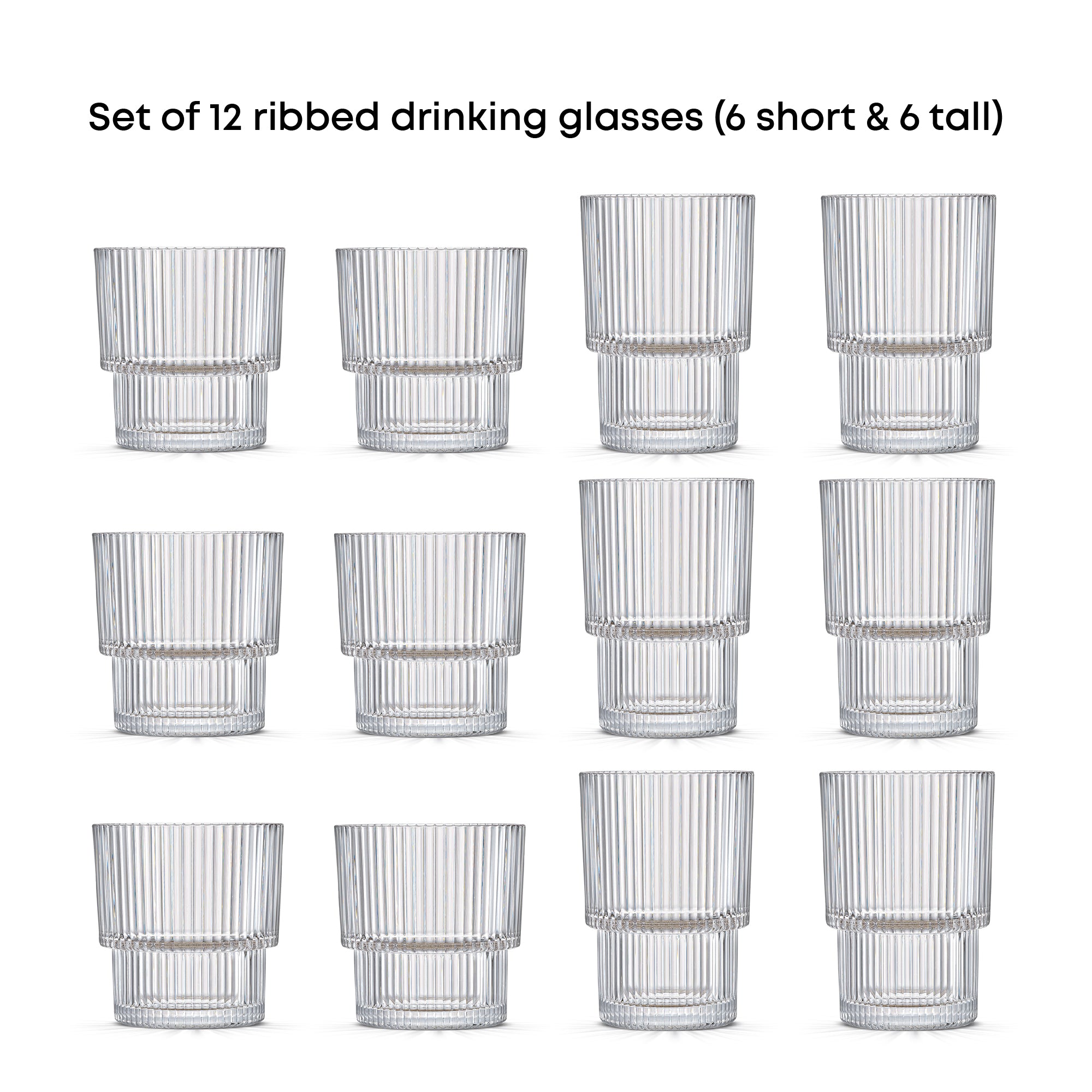 joyjolt-bloom-ribbed-drinking-glasses-set-of-12-6-tall-16-oz-6-short-12-oz image 5