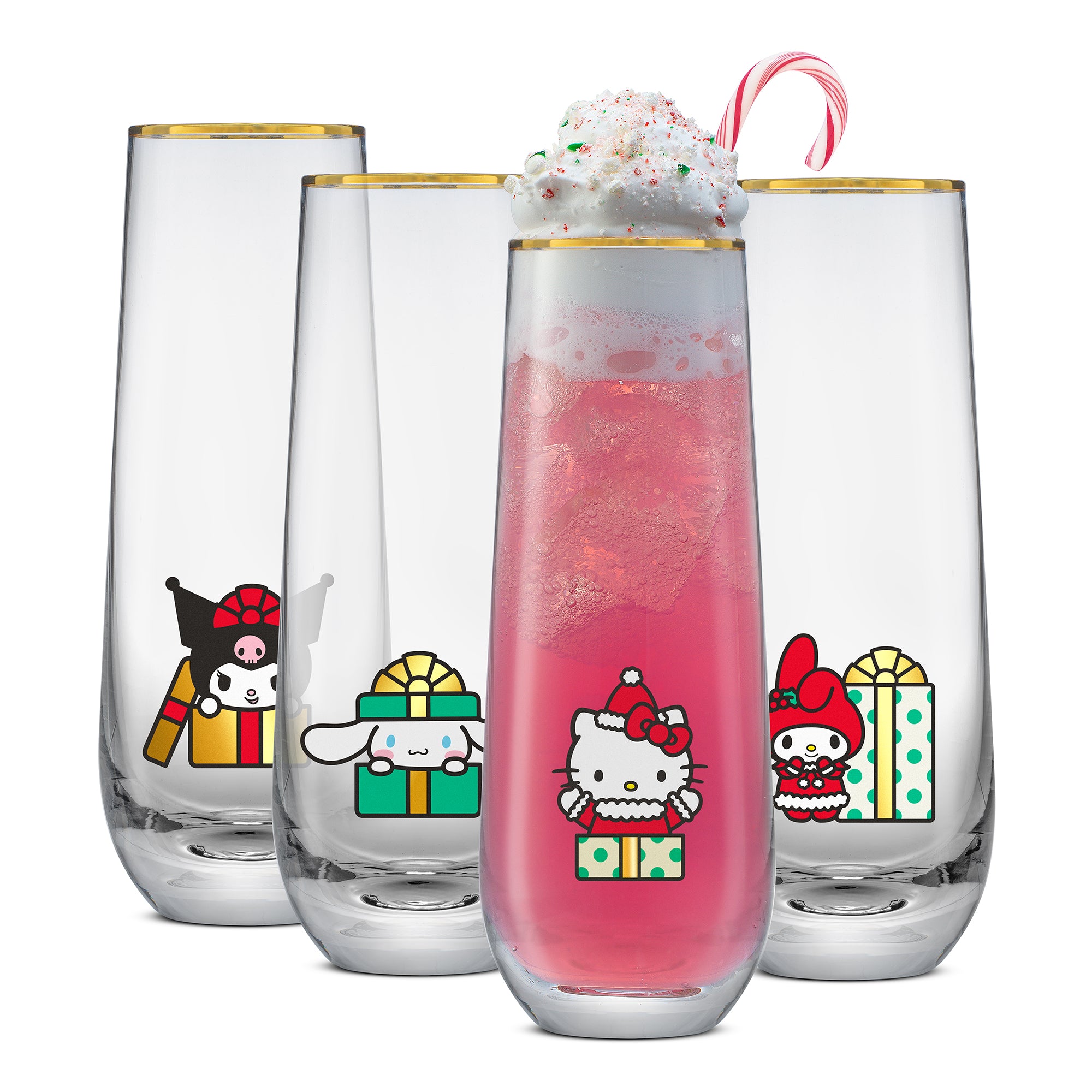 joyjolt-hello-kitty-and-friends-holiday-stemless-flutes-set-of-4-lead-free-glass image 1