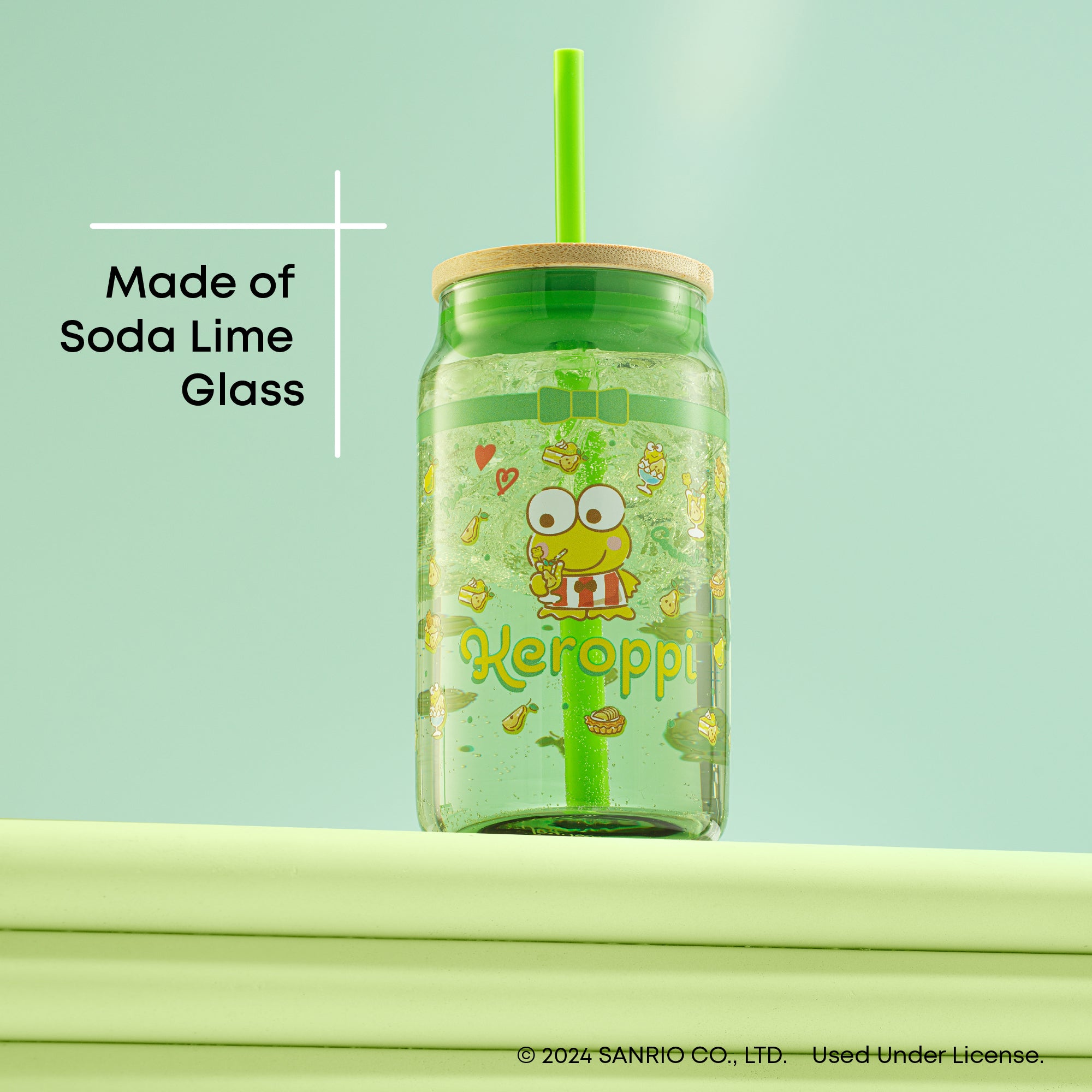joyjolt-hello-kitty-and-friends-keroppi-glass-tumbler-with-bamboo-lid-and-straw- image 5
