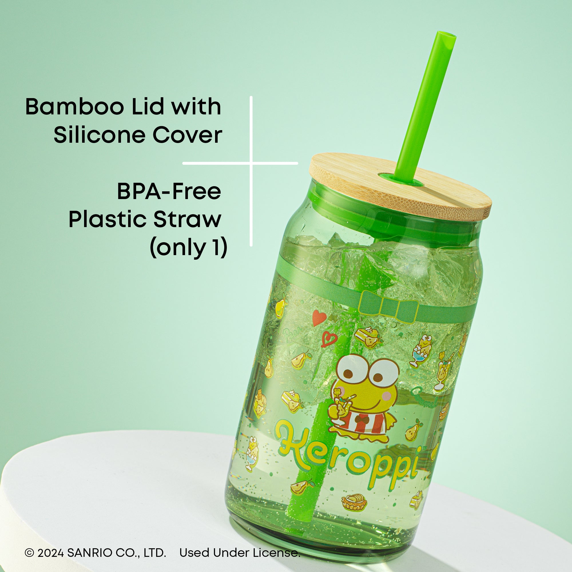 joyjolt-hello-kitty-and-friends-keroppi-glass-tumbler-with-bamboo-lid-and-straw- image 6