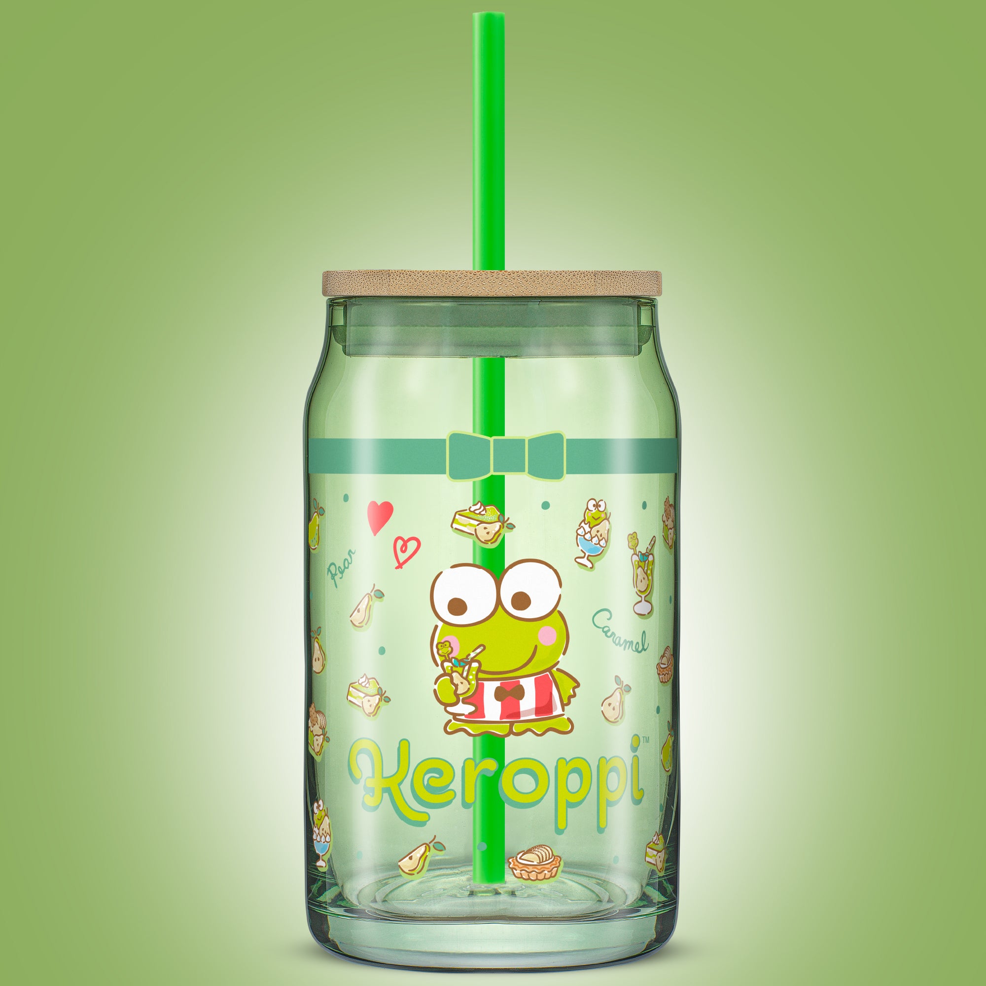 joyjolt-hello-kitty-and-friends-keroppi-glass-tumbler-with-bamboo-lid-and-straw- image 2