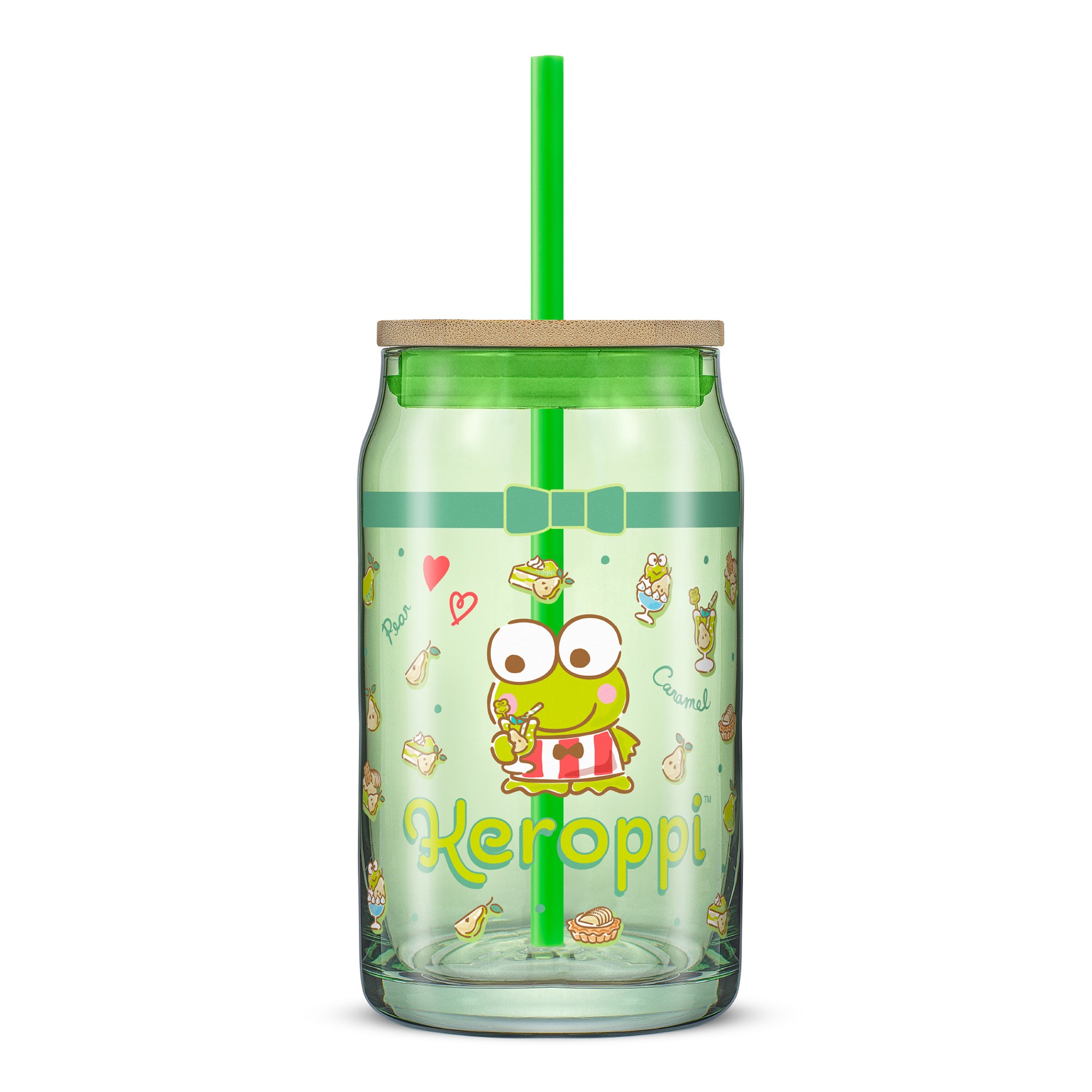 joyjolt-hello-kitty-and-friends-keroppi-glass-tumbler-with-bamboo-lid-and-straw- image 1