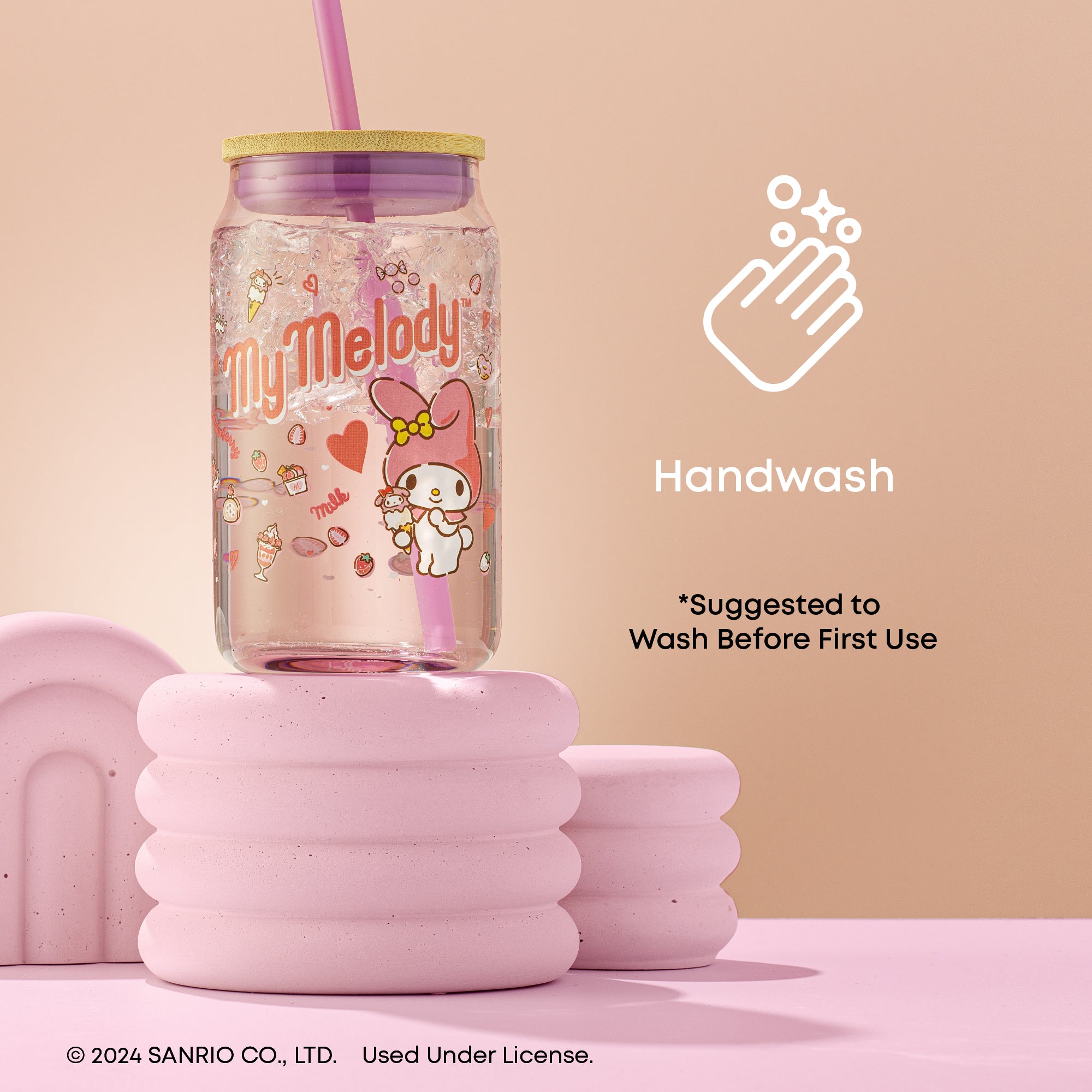 joyjolt-hello-kitty-my-melody-glass-tumbler-with-bamboo-lid-and-straw-16-oz image 5