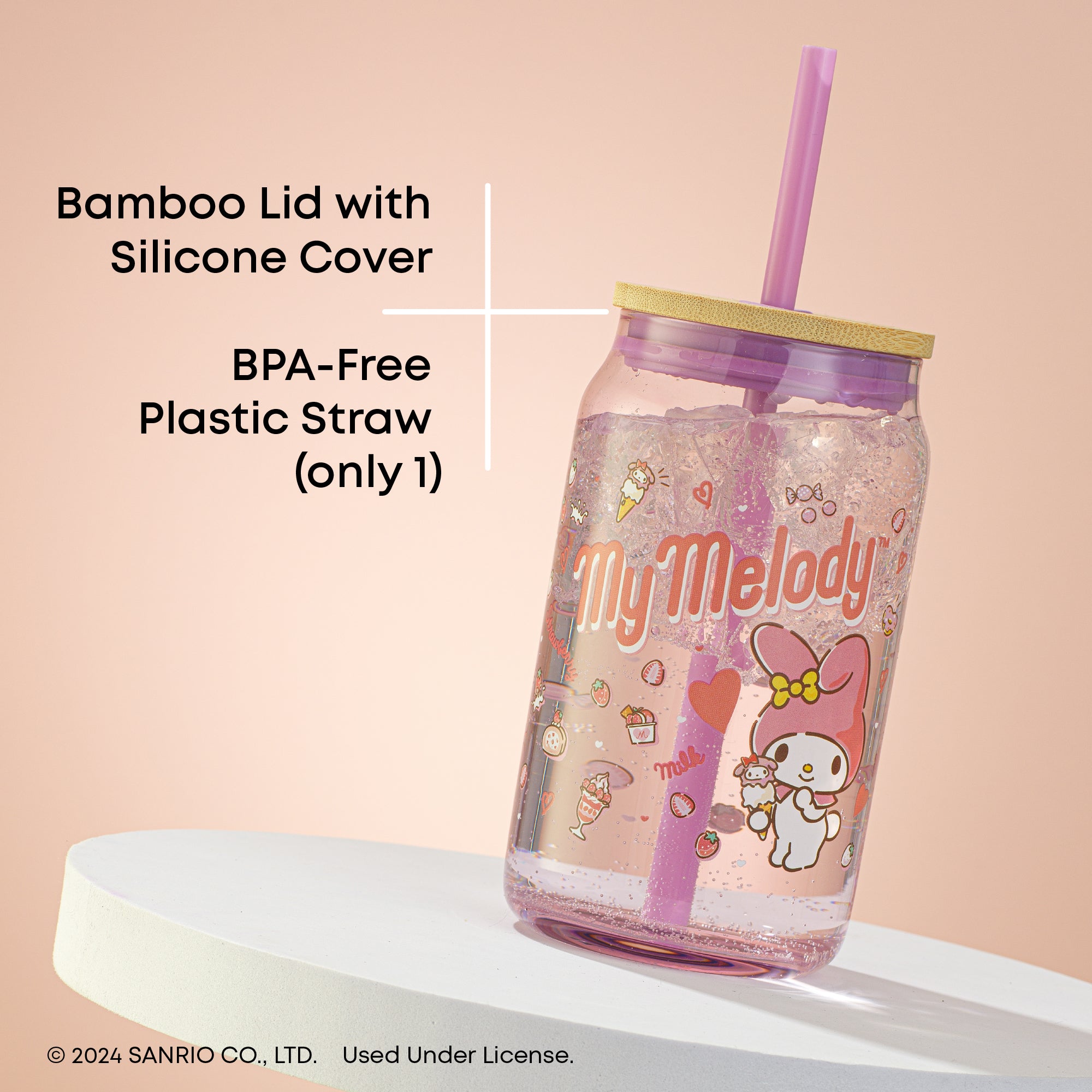 joyjolt-hello-kitty-my-melody-glass-tumbler-with-bamboo-lid-and-straw-16-oz image 6