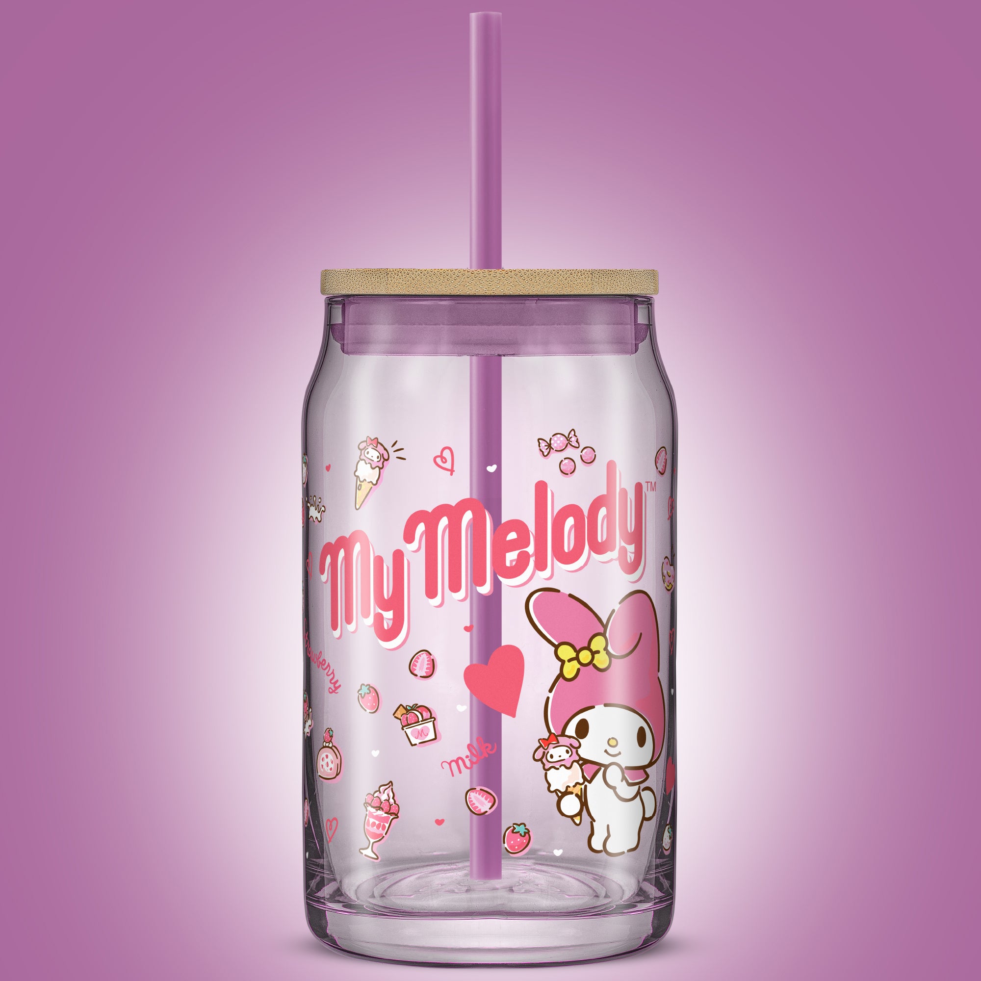 joyjolt-hello-kitty-my-melody-glass-tumbler-with-bamboo-lid-and-straw-16-oz image 2