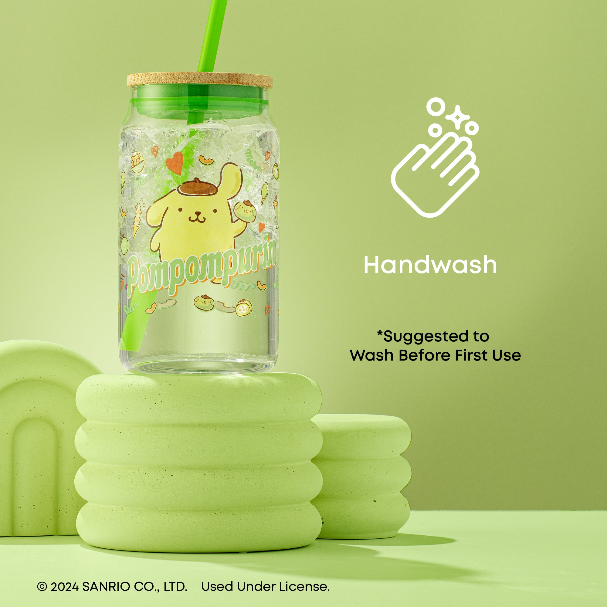 joyjolt-sanrio-pompompurin-glass-tumbler-with-bamboo-lid-and-straw-16-oz image 5