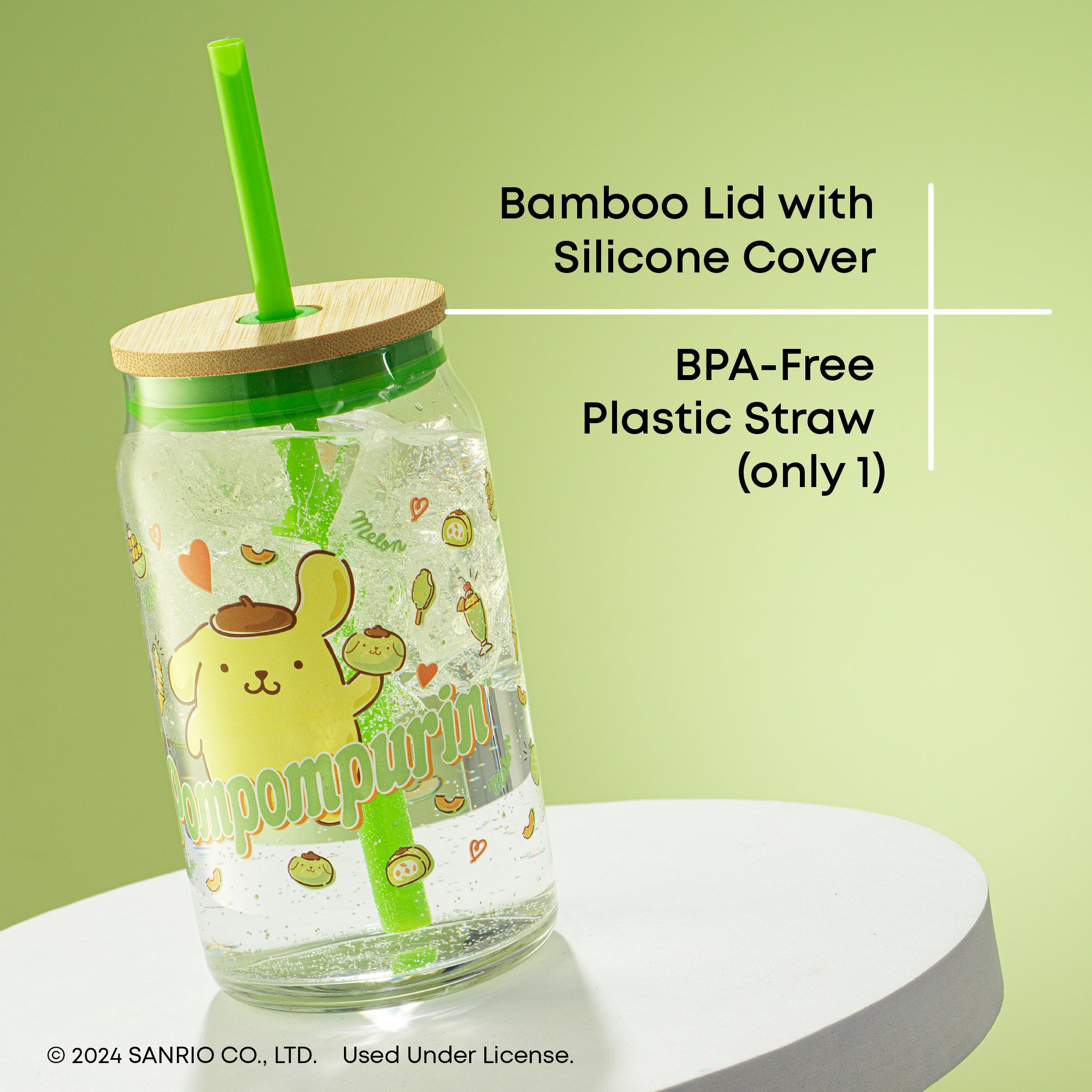 joyjolt-sanrio-pompompurin-glass-tumbler-with-bamboo-lid-and-straw-16-oz image 6