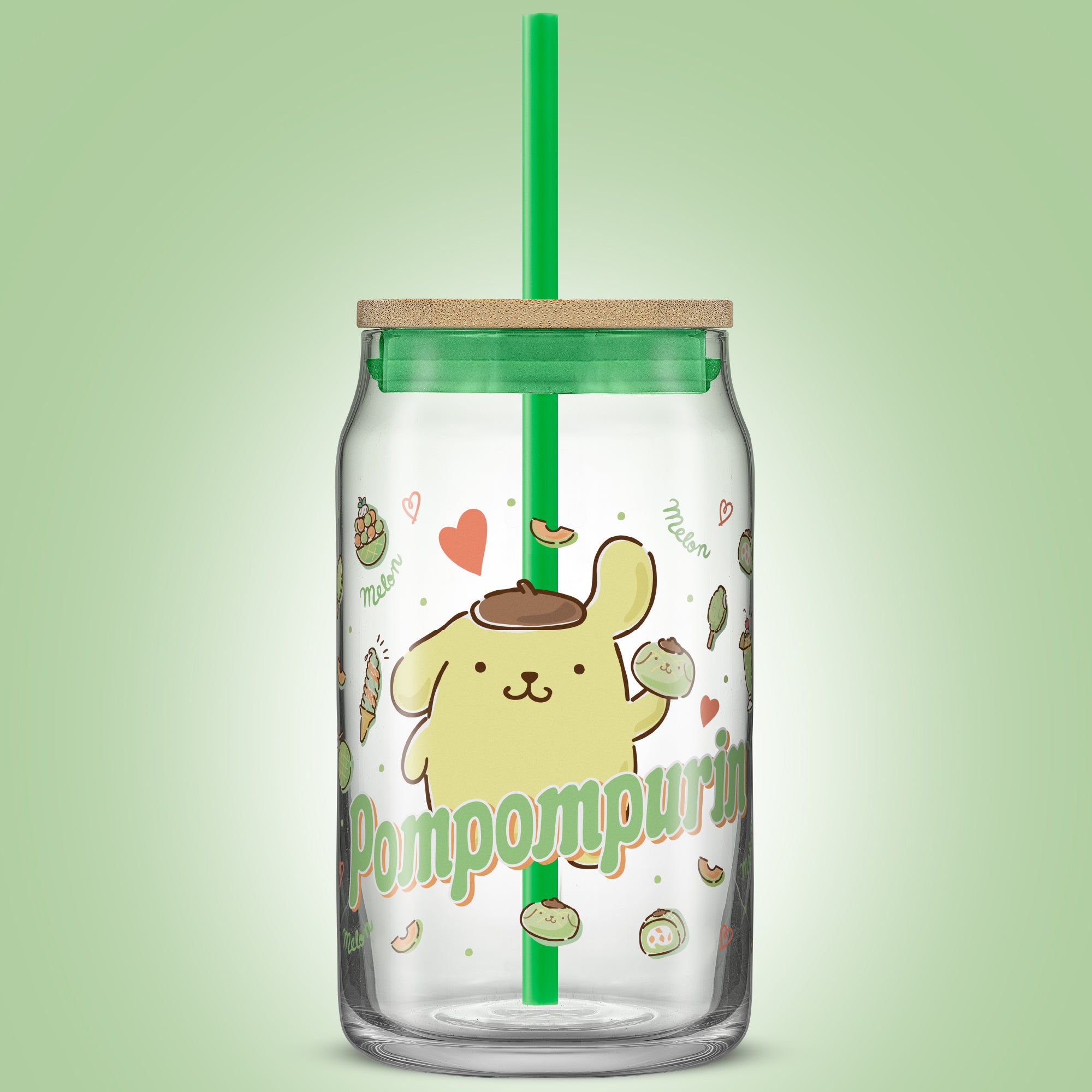 joyjolt-sanrio-pompompurin-glass-tumbler-with-bamboo-lid-and-straw-16-oz image 2