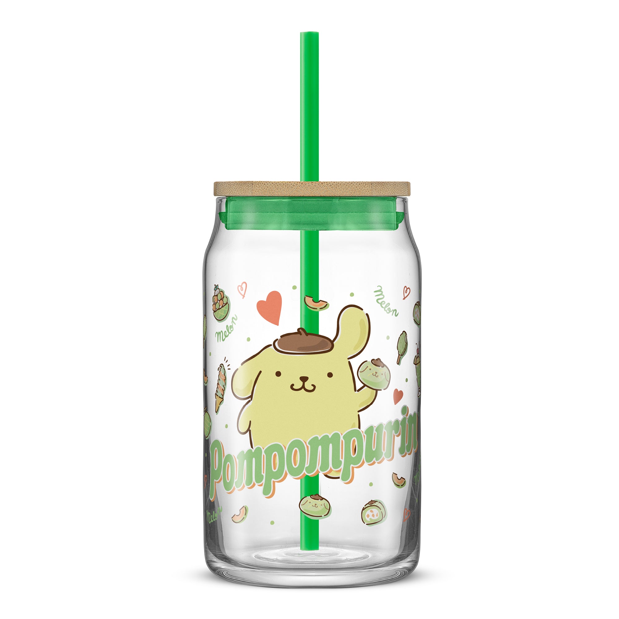 joyjolt-sanrio-pompompurin-glass-tumbler-with-bamboo-lid-and-straw-16-oz image 1